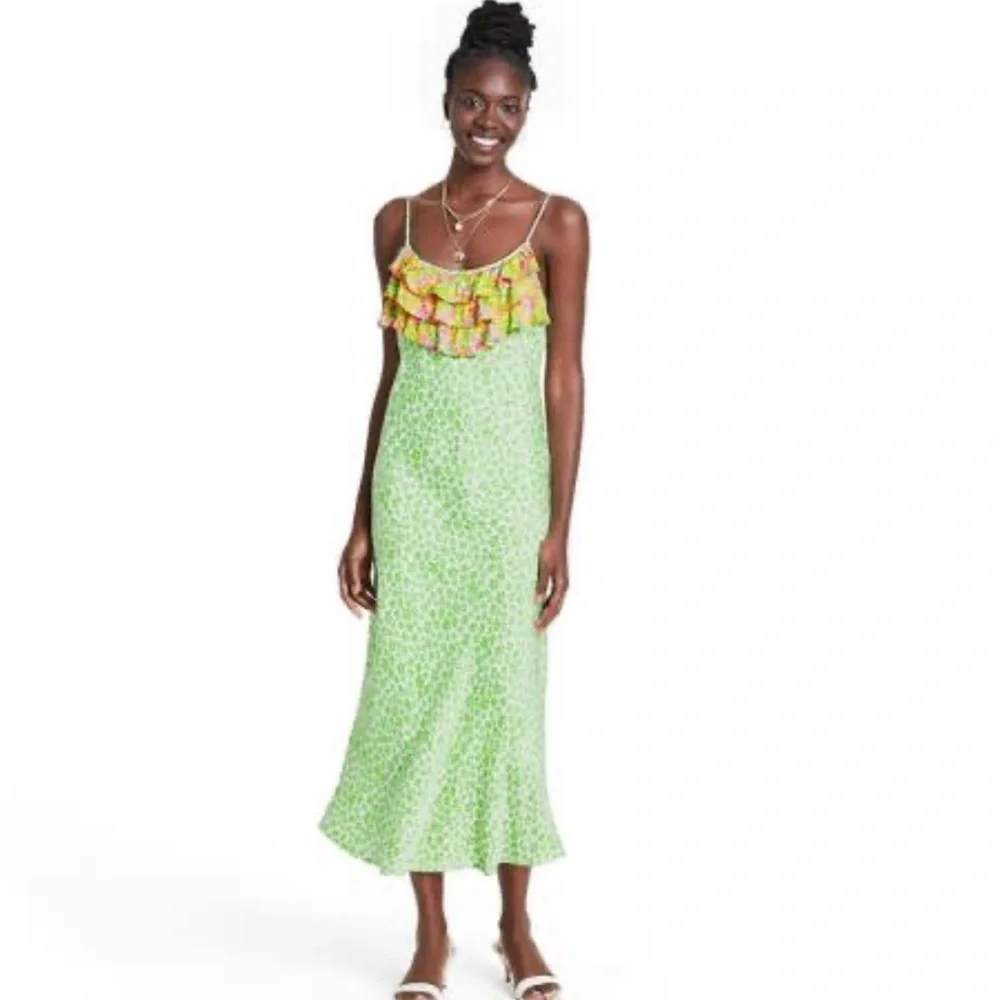 RIXO Target Green Leopard Print Ruffle Romantic Boho Midi Slip Dress Size M